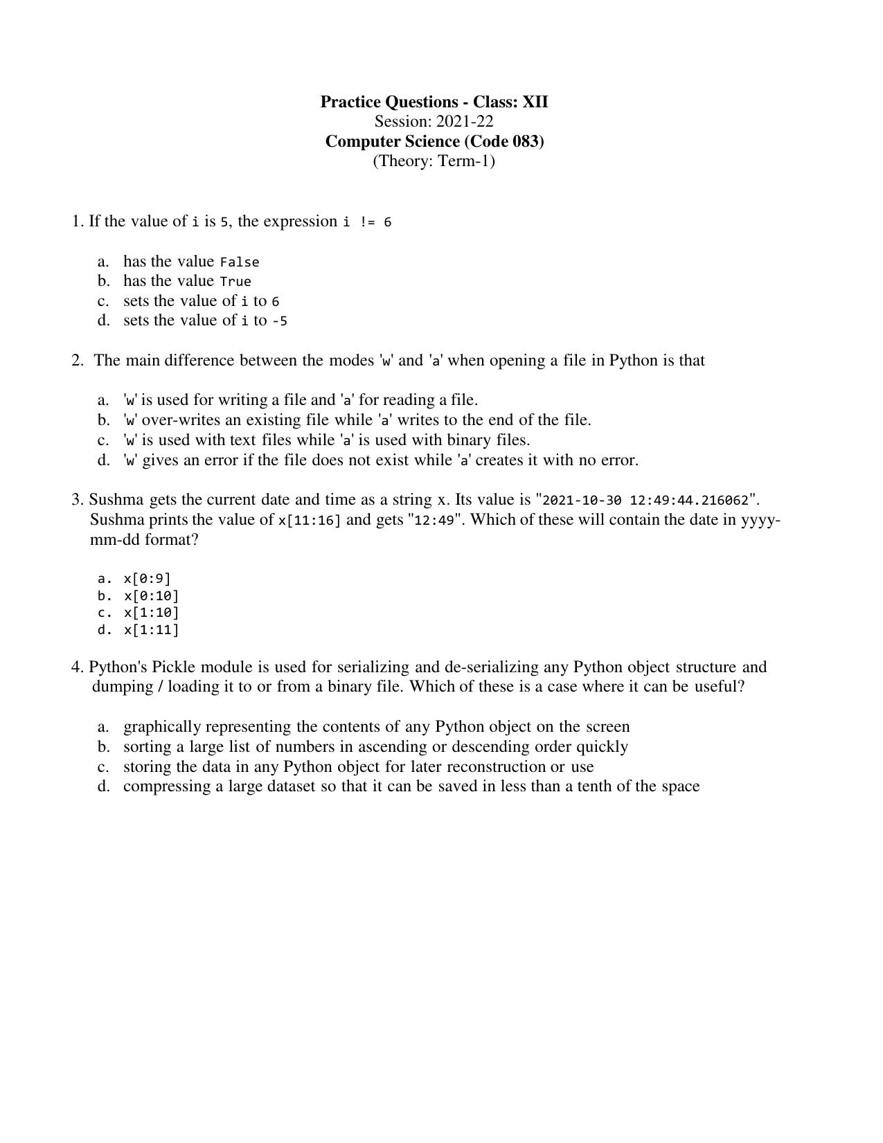 CBSE Class 12 Computer Science Term 1 Practice Questions 2021-22 - Page 1