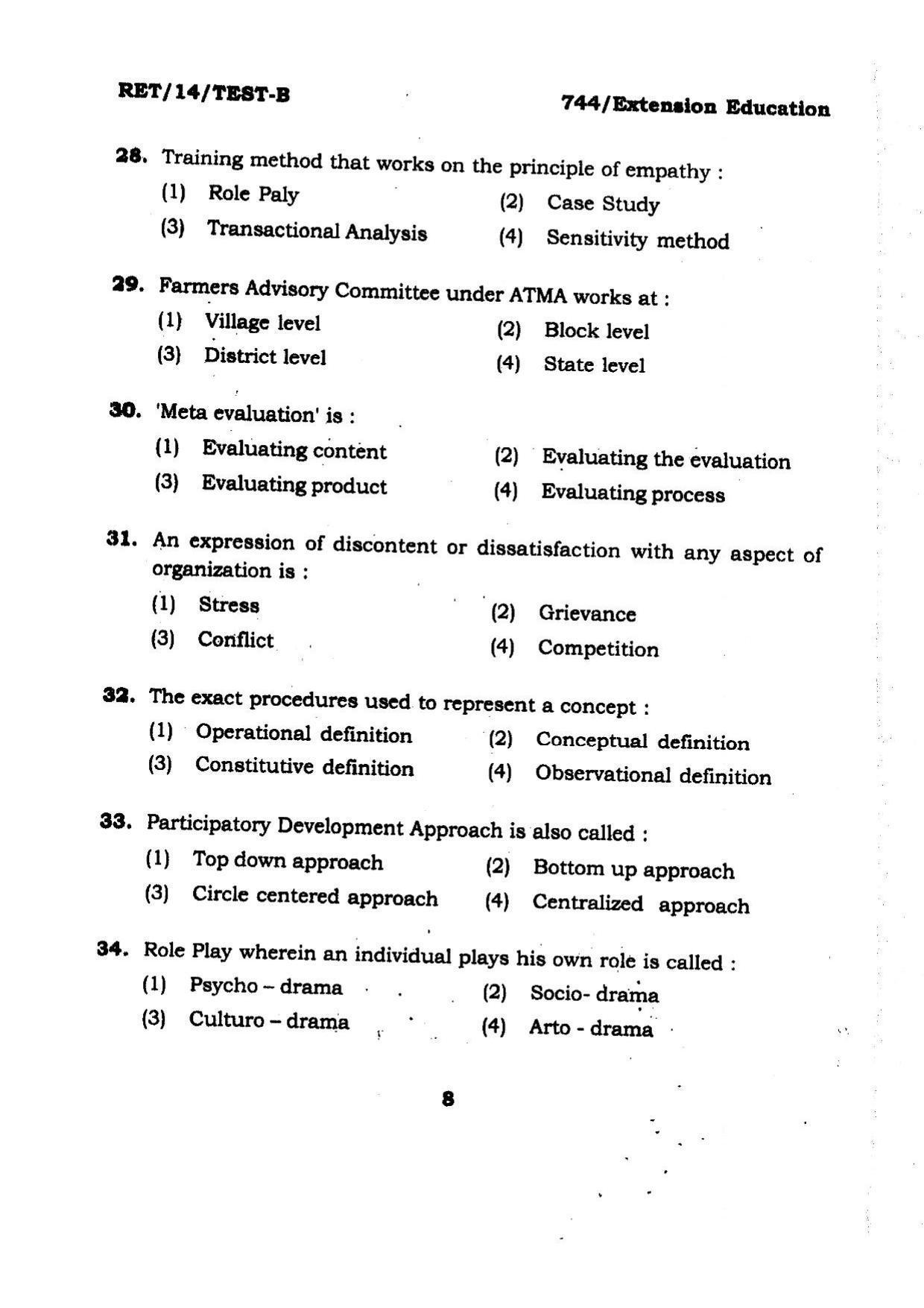 BHU RET Extension Education 2014 Question Paper - Page 8