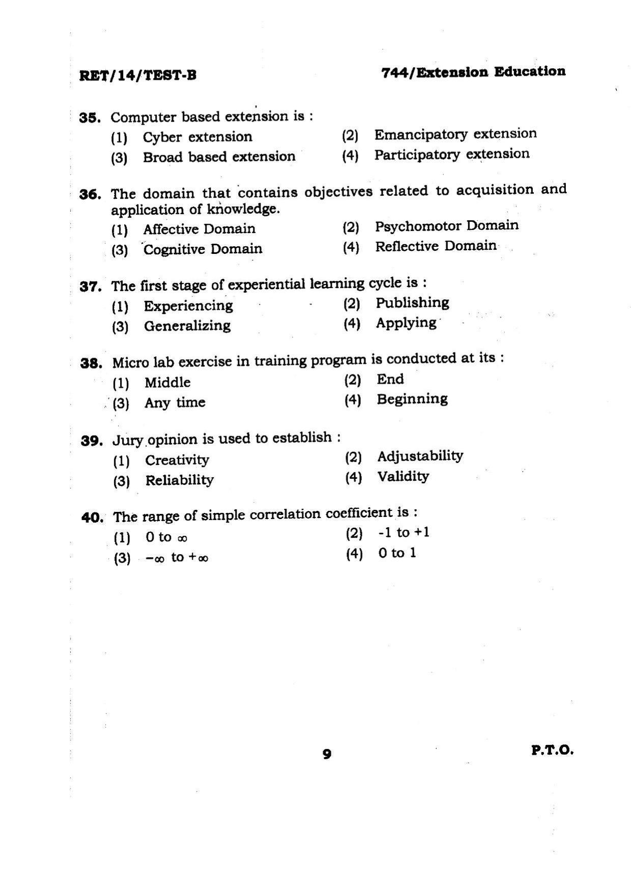BHU RET Extension Education 2014 Question Paper - Page 9