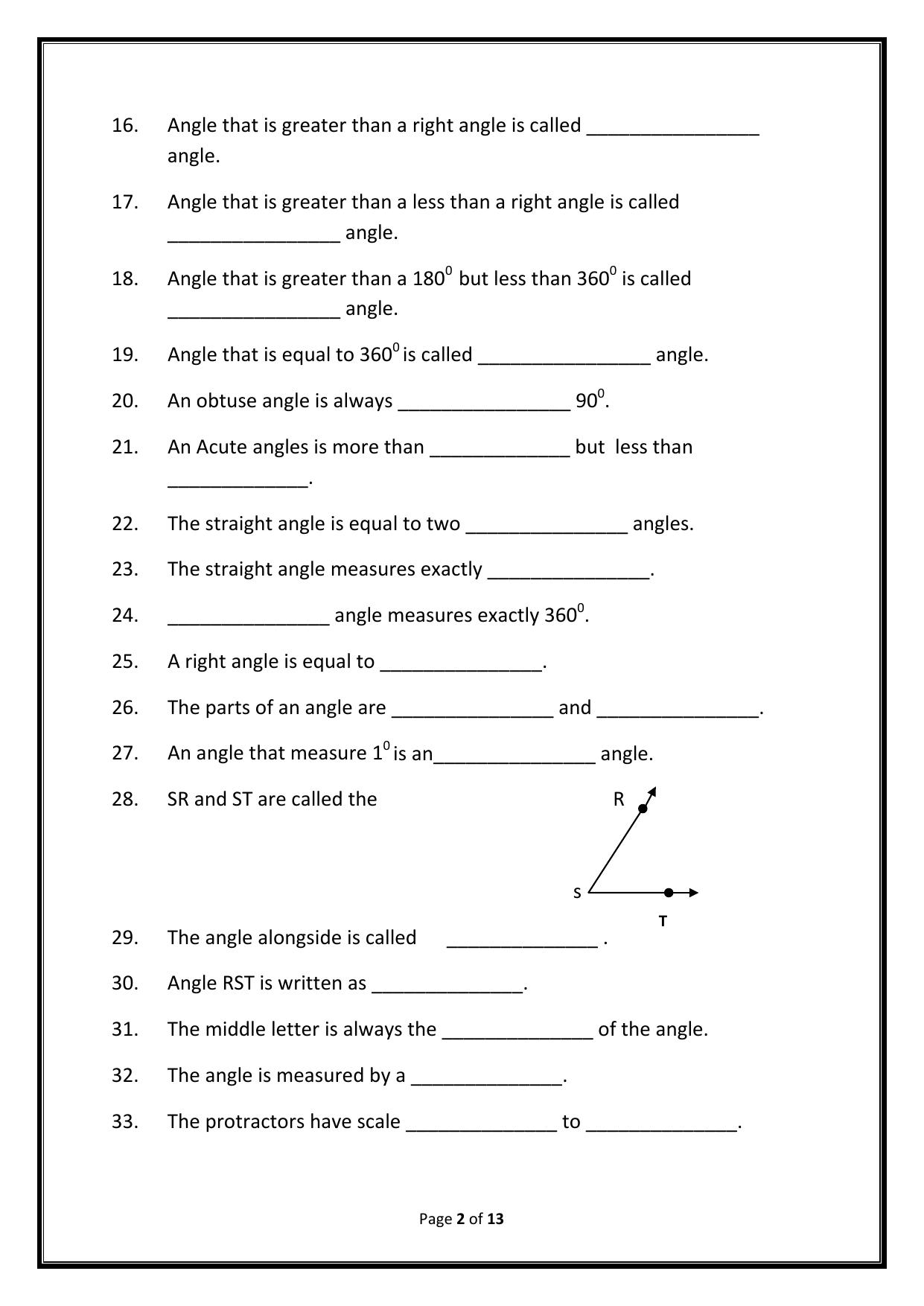 Worksheet for Class 5 Maths Lines Angles Circles Assignment - Page 2
