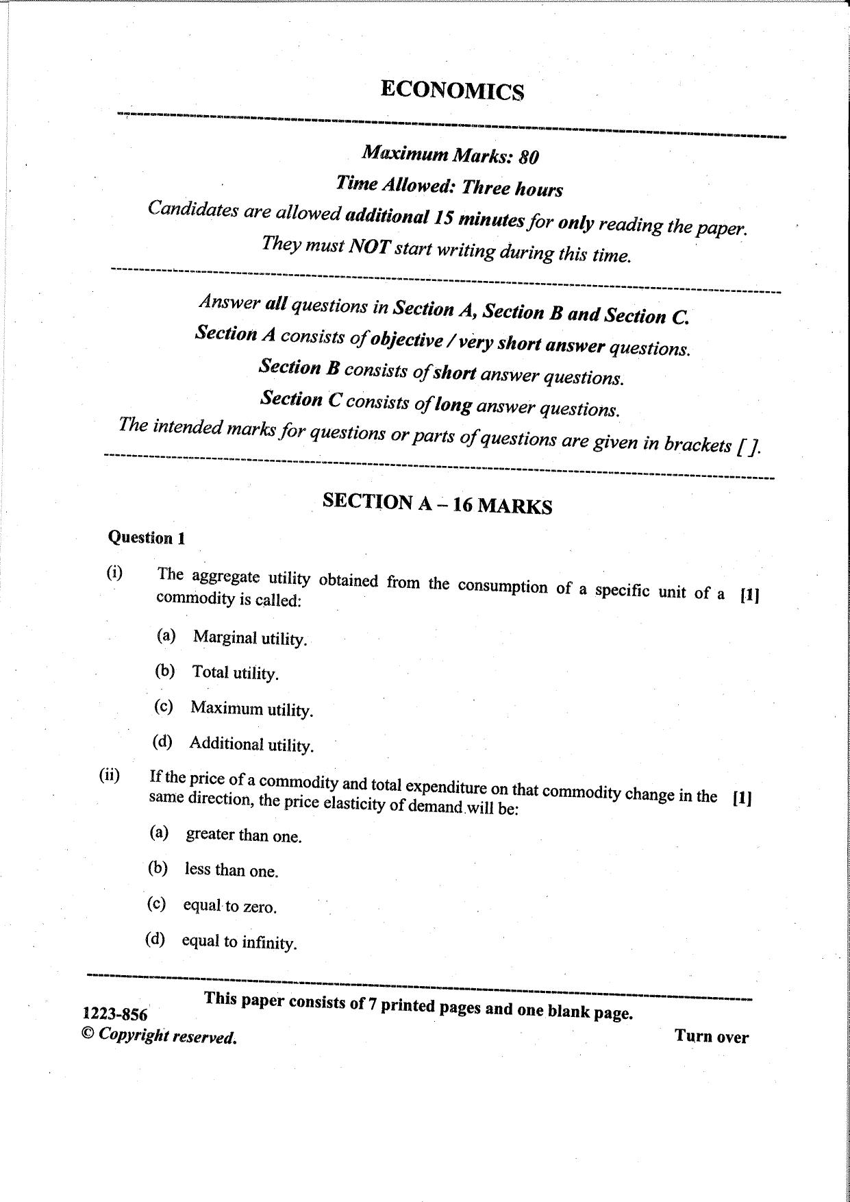 ISC Class 12 Economics 2023 Question Paper - Page 1