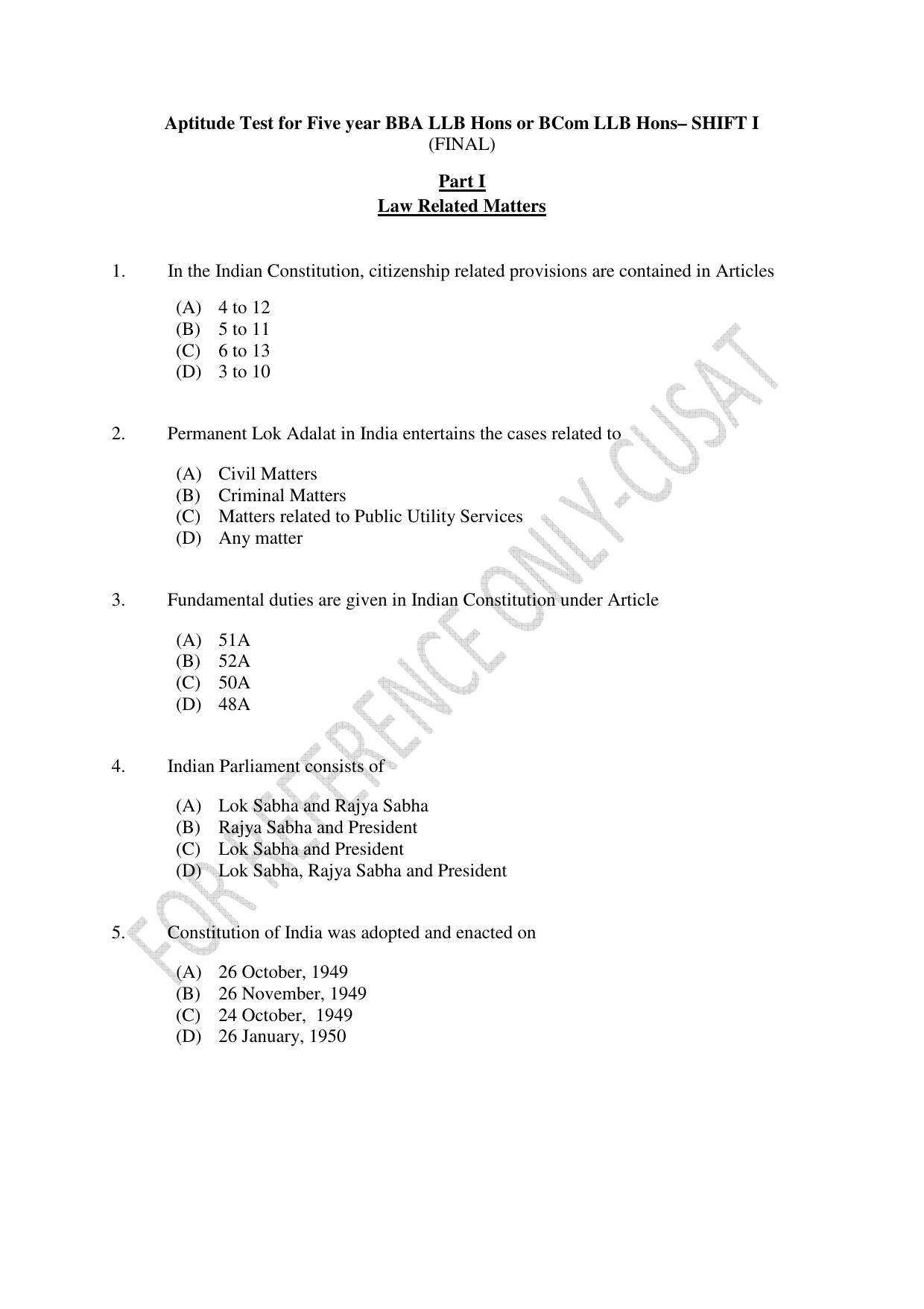 CUSAT CAT 2022 Aptitude Test for Five year BBA LLB Hons or BCom LLB Hons First Shift Question Paper - Page 1