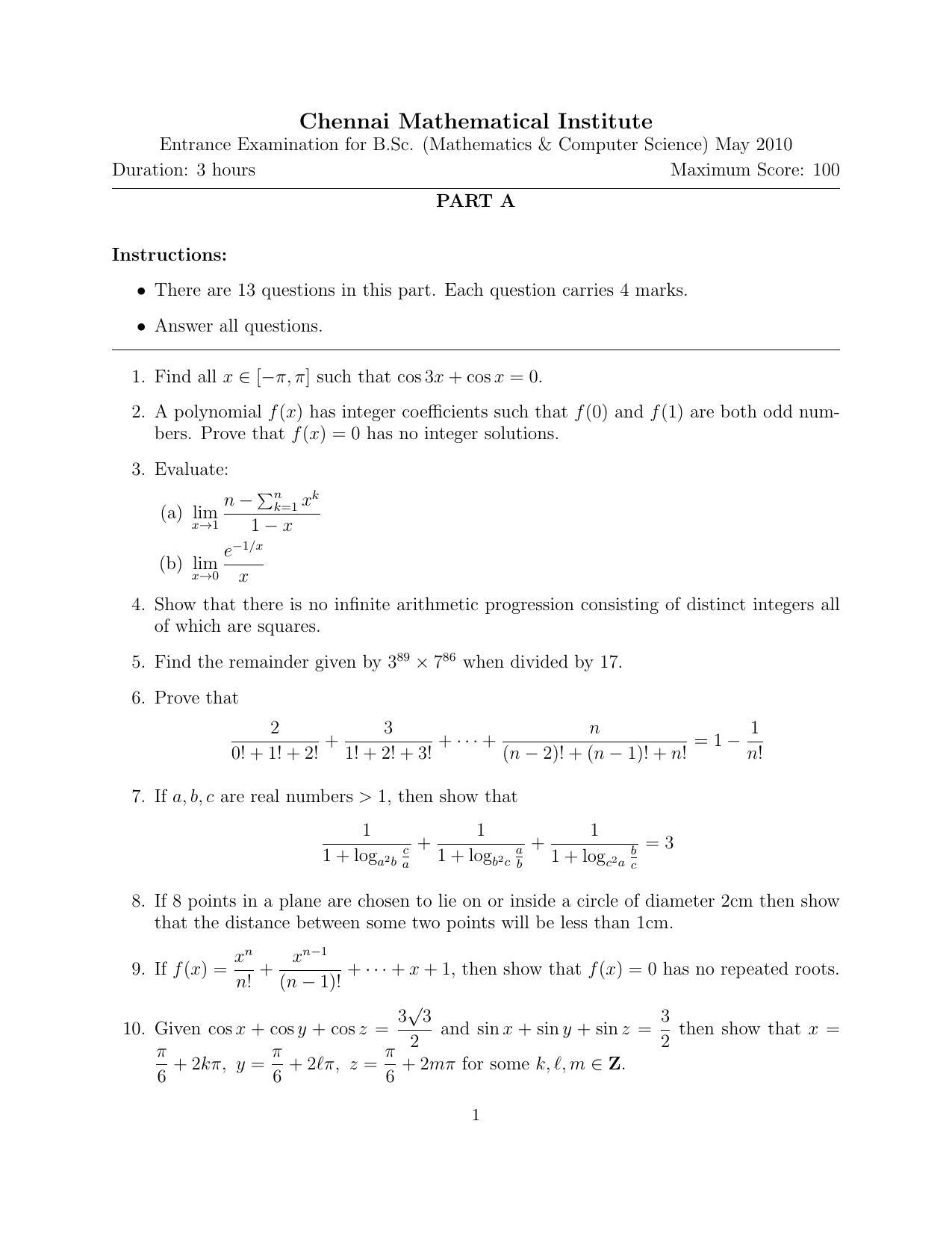 CMI Entrance Exam 2010 Question Paper B.Sc (Hons.) Mathematics and Computer Science - Page 1