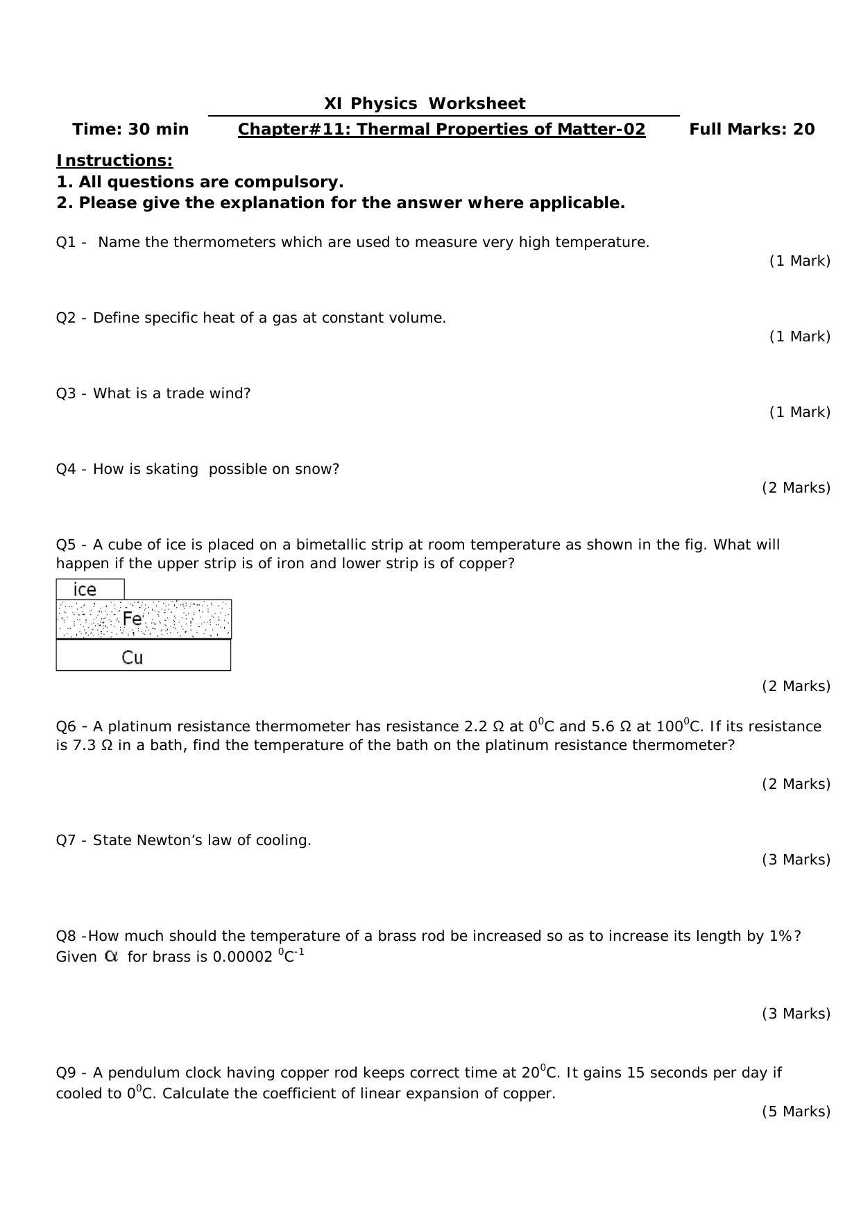 CBSE Worksheets for Class 11 Physics Thermal Properties of Matter Assignment 2 - Page 1