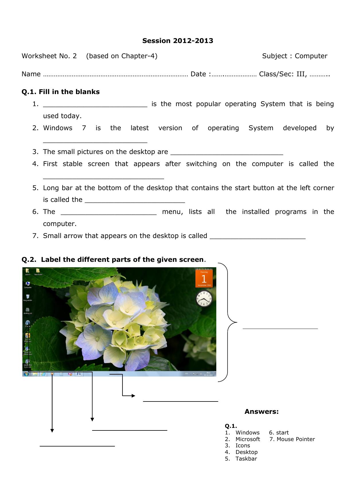 Worksheet for Class 3 Computers Assignment 2 - Page 1