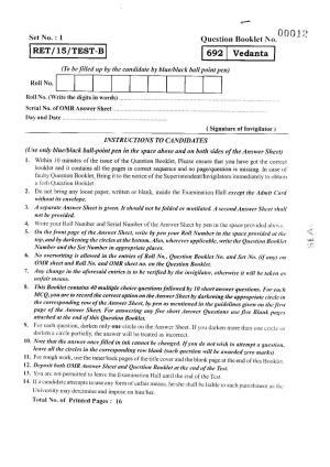 BHU RET VEDANTA 2015 Question Paper