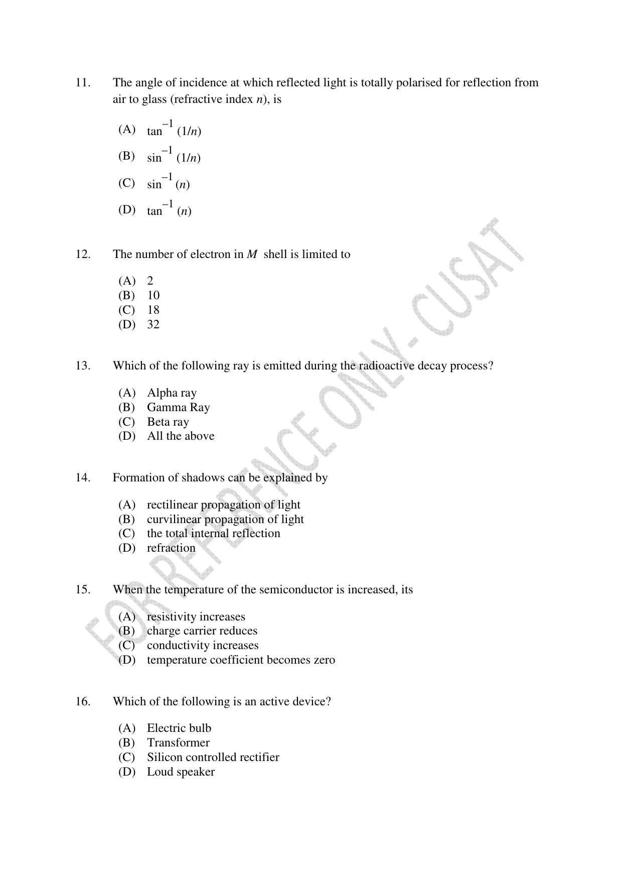 CUSAT CAT 2022 Test in Physics Chemistry and Mathematics (Shift 1) Question Paper - Page 3