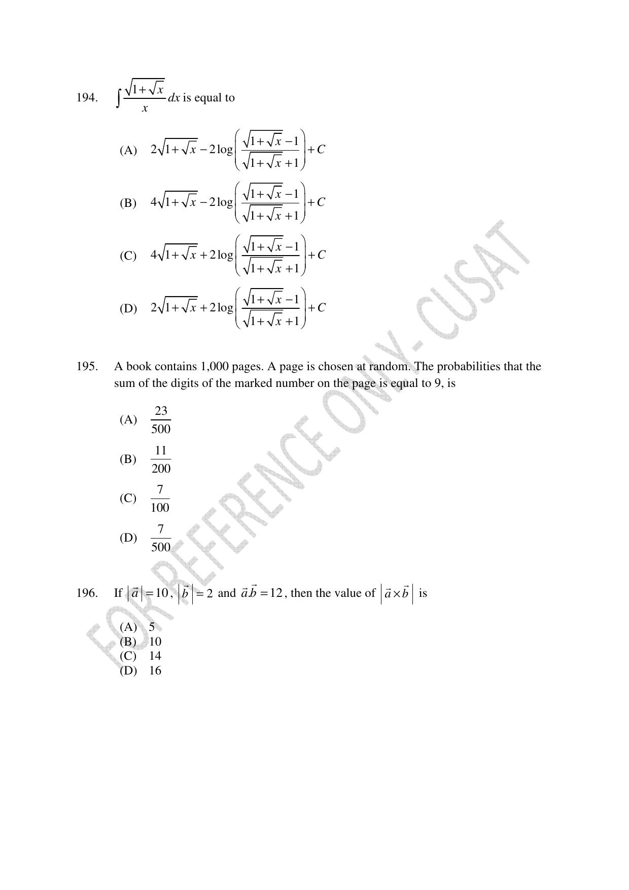 CUSAT CAT 2022 Test in Physics Chemistry and Mathematics (Shift 1) Question Paper - Page 44