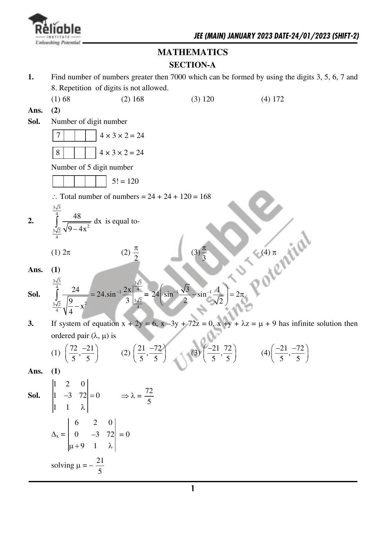 JEE Main 2023 January 24 Shift 2 Maths Paper with Solution (Reliable Institute Kota) - Page 2