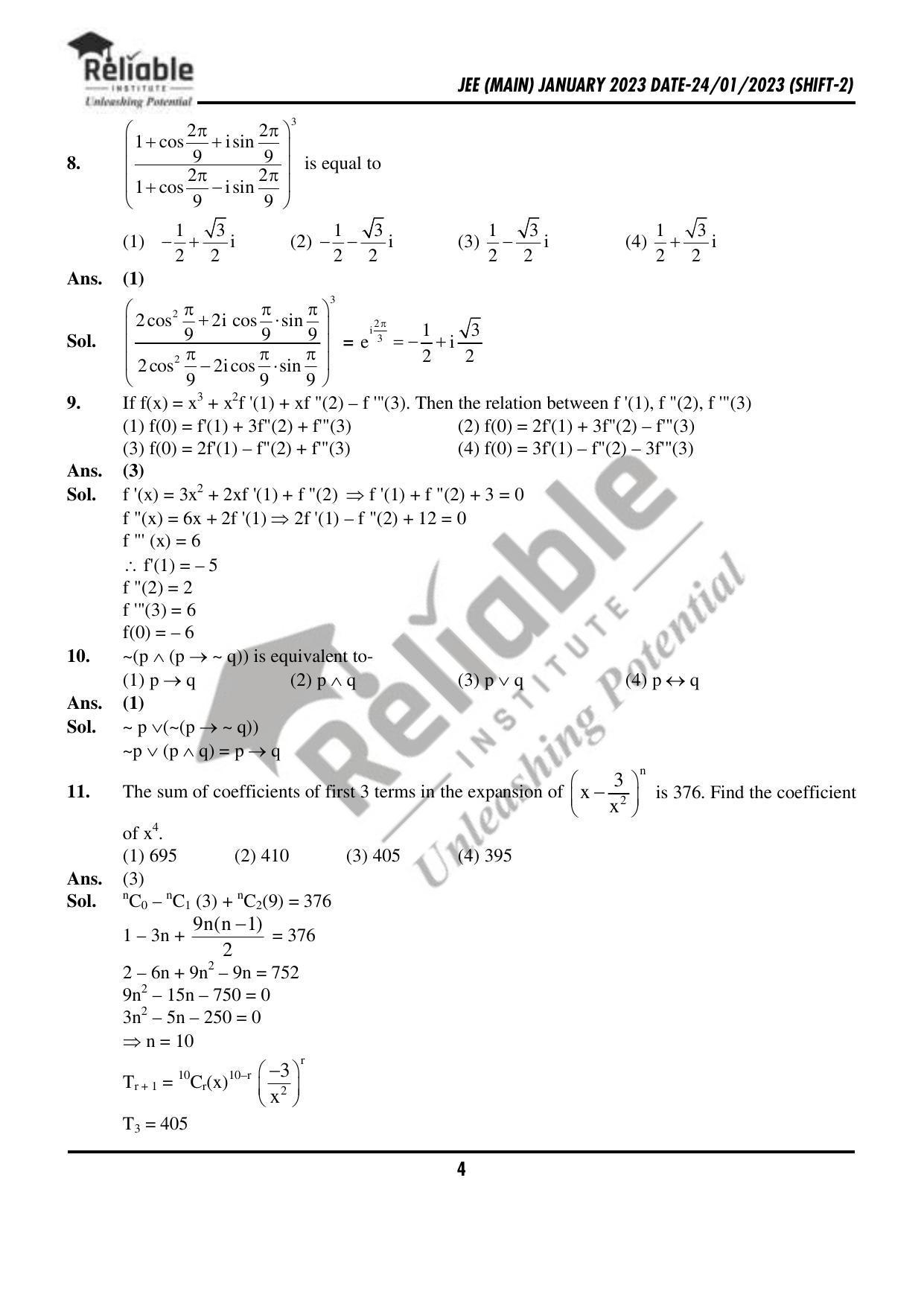 JEE Main 2023 January 24 Shift 2 Maths Paper with Solution (Reliable Institute Kota) - Page 5