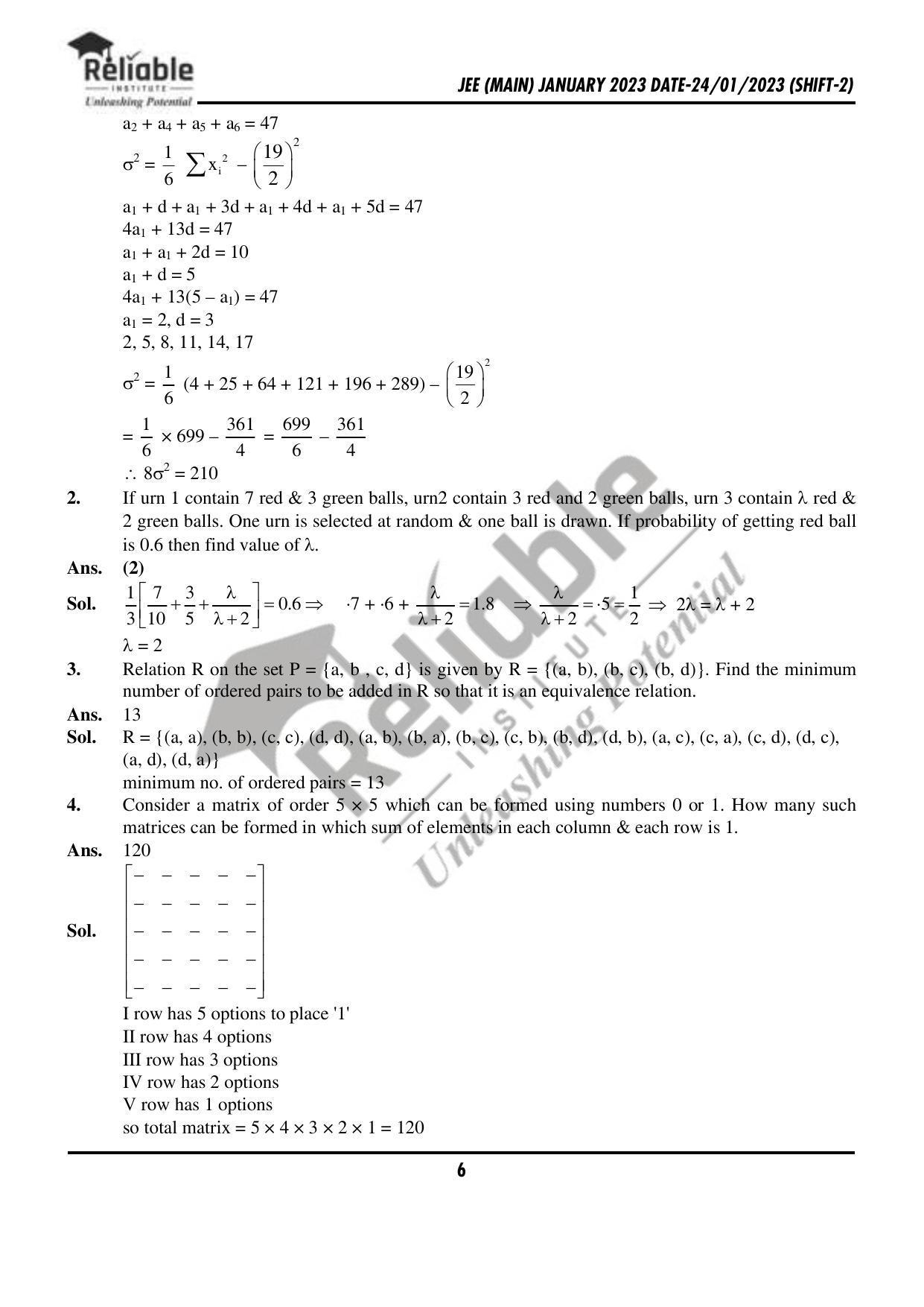 JEE Main 2023 January 24 Shift 2 Maths Paper with Solution (Reliable Institute Kota) - Page 7