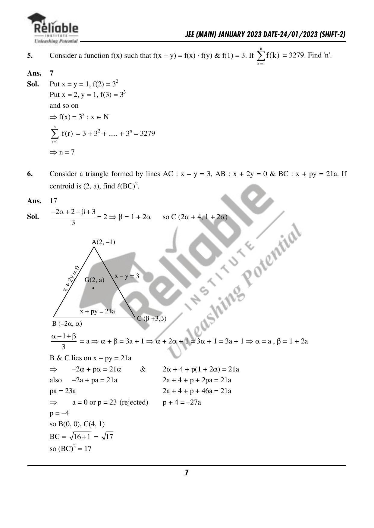 JEE Main 2023 January 24 Shift 2 Maths Paper with Solution (Reliable Institute Kota) - Page 8
