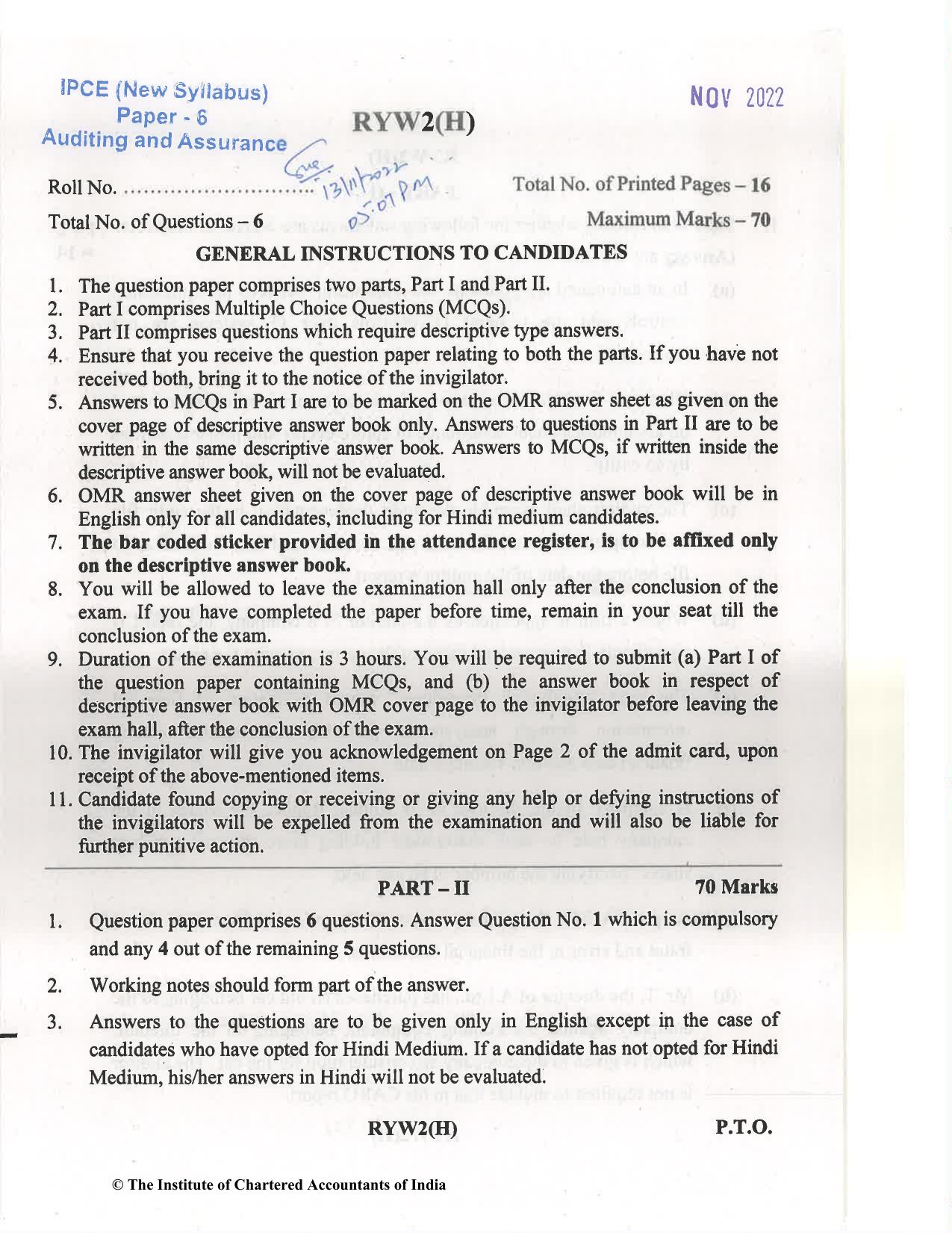 CA Inter Nov 2022 Question Paper - Paper 6 – Auditing and Assurance - Page 1
