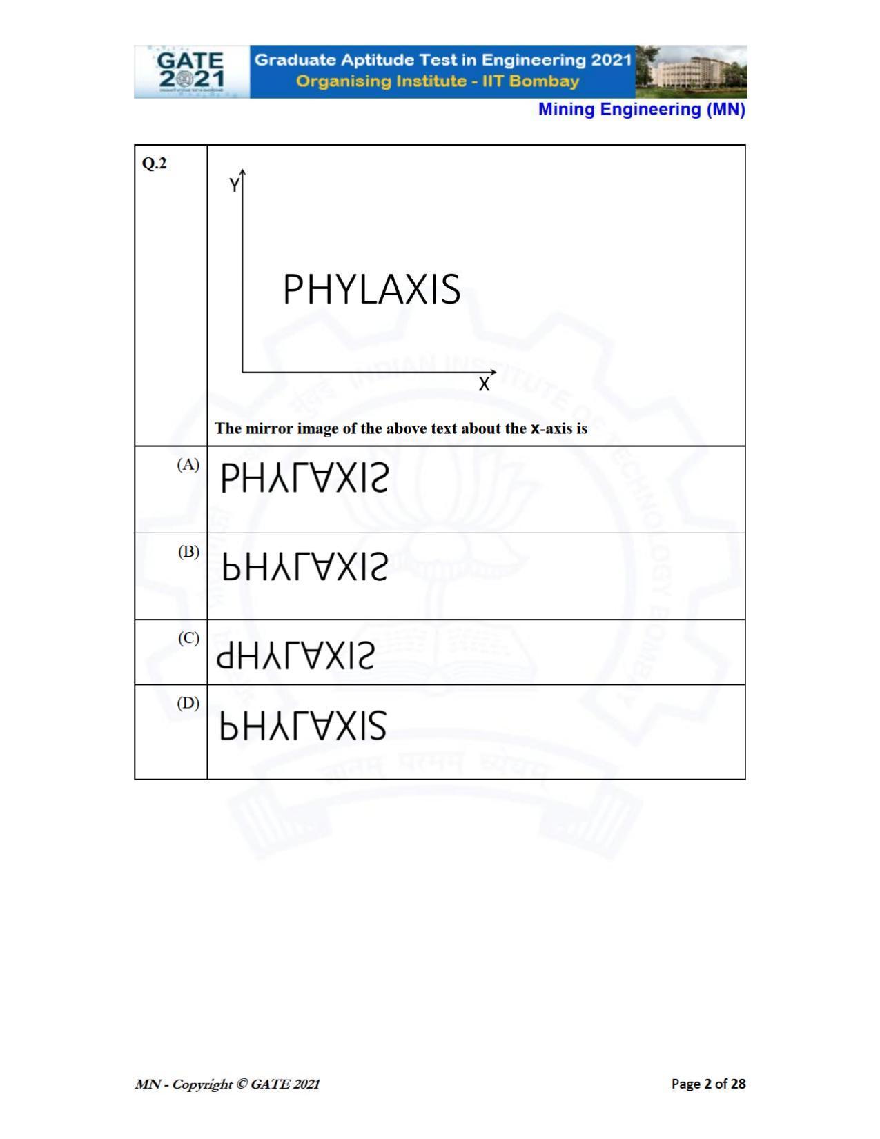GATE 2021 Mining Engineering (MN) Question Paper - Page 2