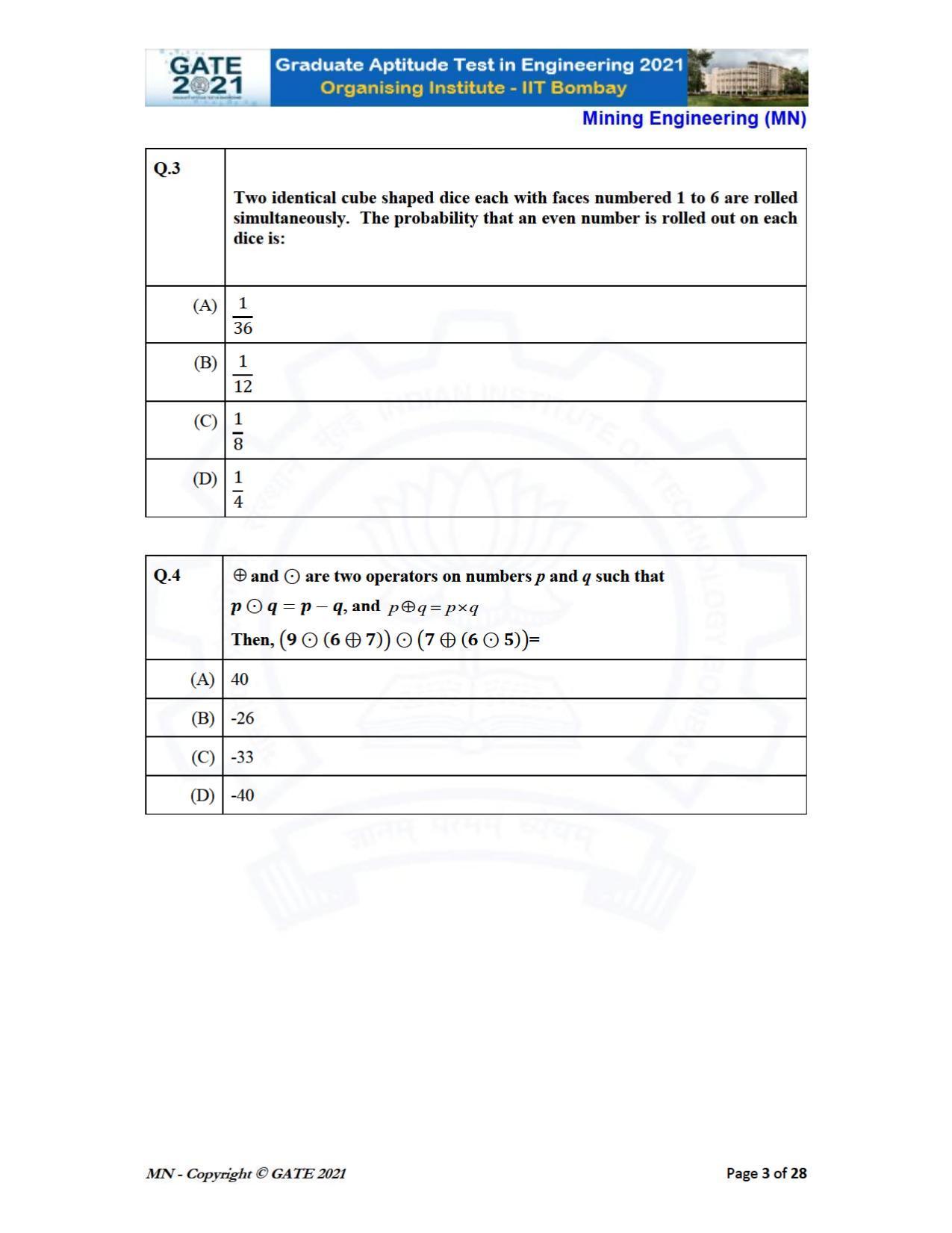 GATE 2021 Mining Engineering (MN) Question Paper - Page 3