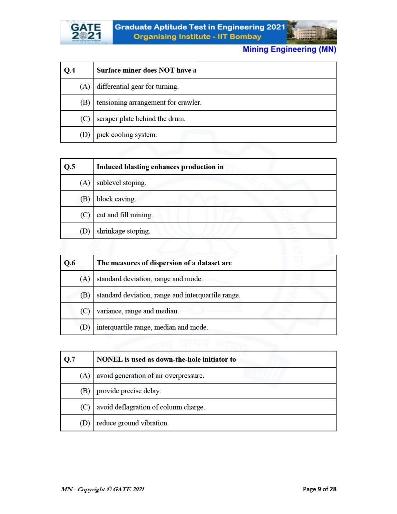 GATE 2021 Mining Engineering (MN) Question Paper - Page 9