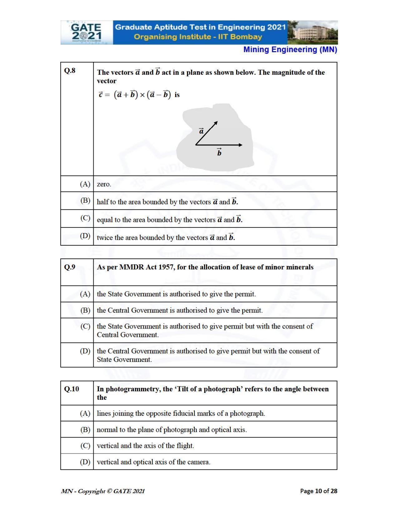 GATE 2021 Mining Engineering (MN) Question Paper - Page 10