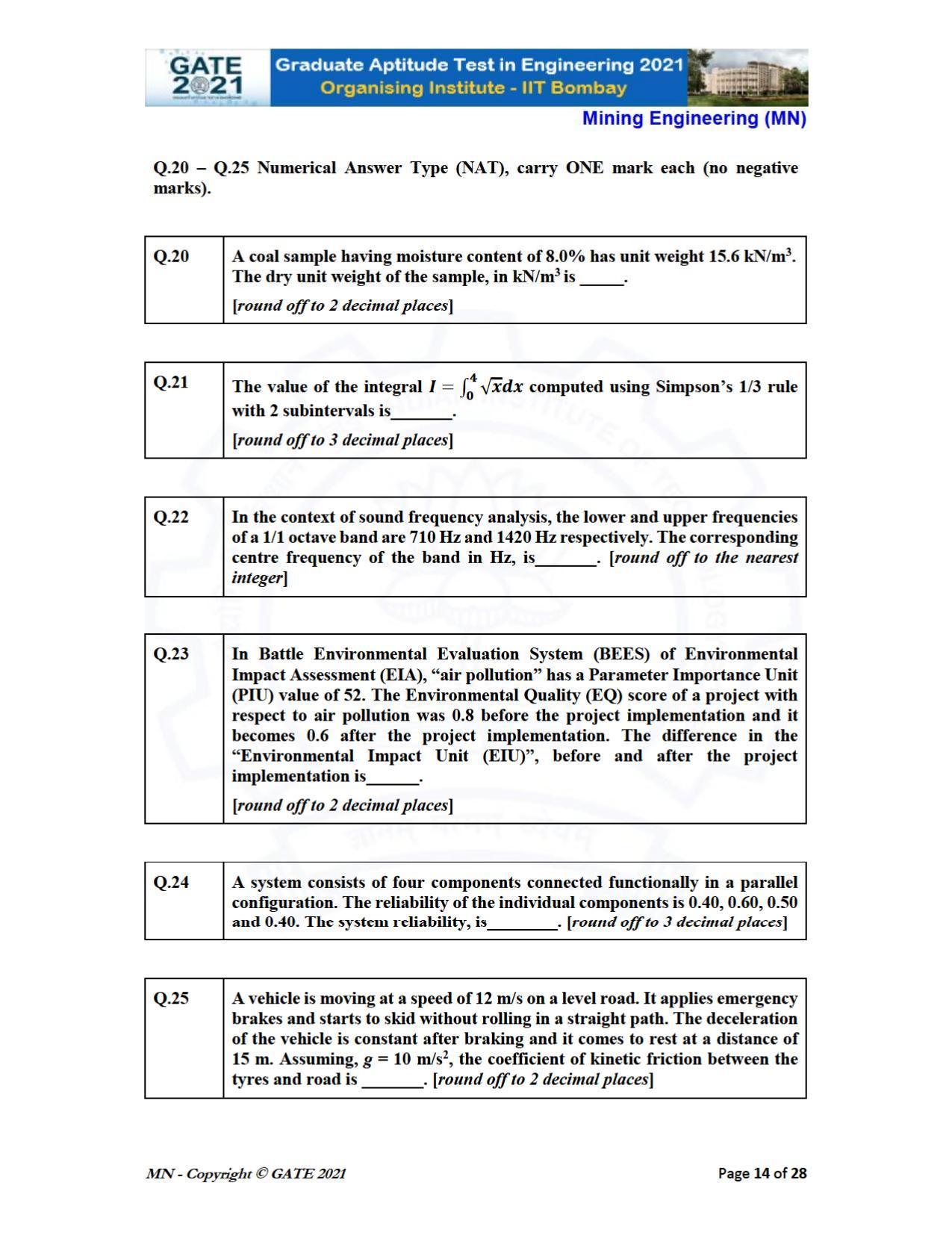 GATE 2021 Mining Engineering (MN) Question Paper - Page 14