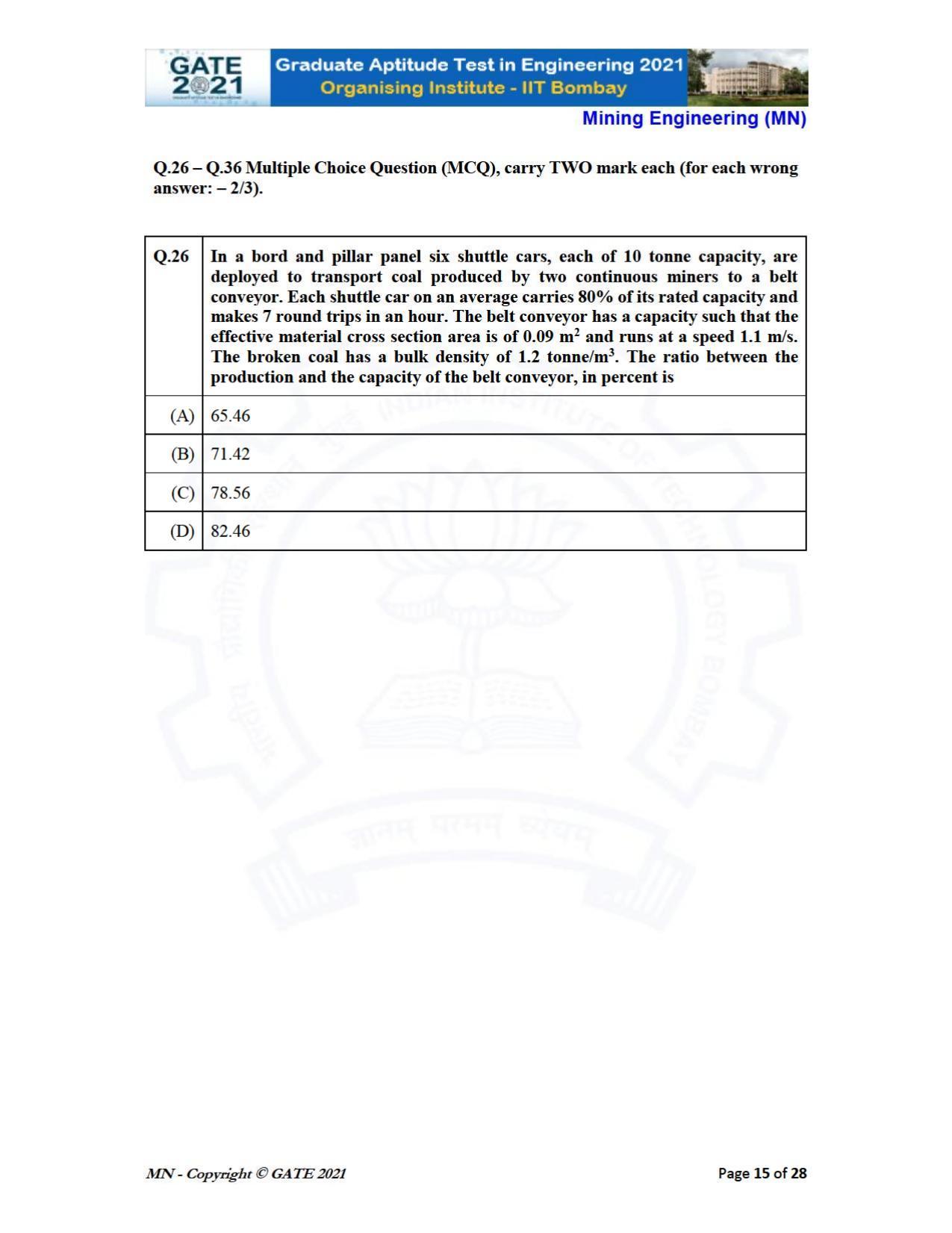GATE 2021 Mining Engineering (MN) Question Paper - Page 15