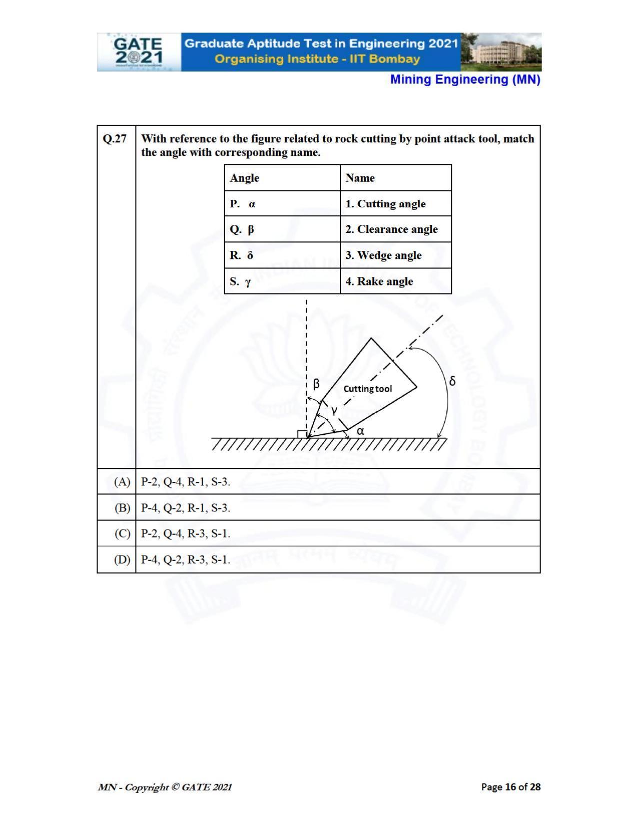 GATE 2021 Mining Engineering (MN) Question Paper - Page 16