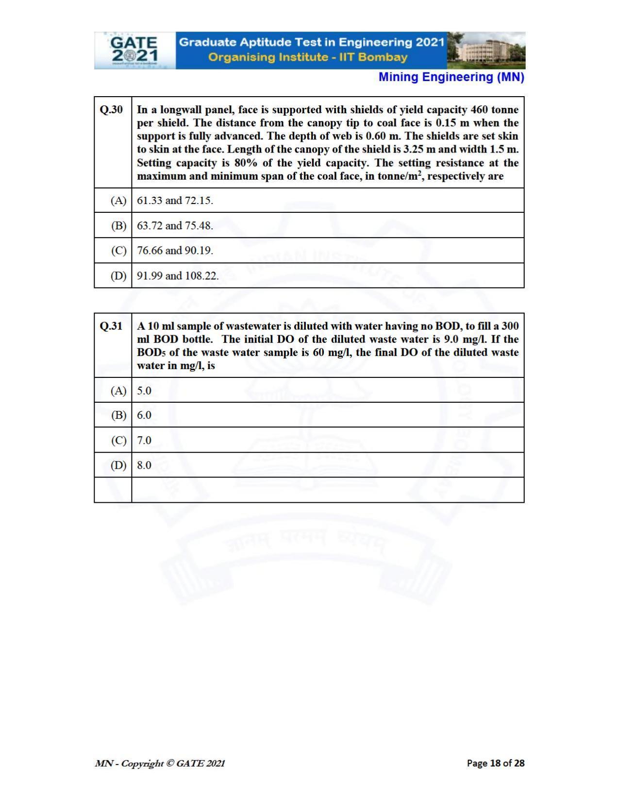 GATE 2021 Mining Engineering (MN) Question Paper - Page 18