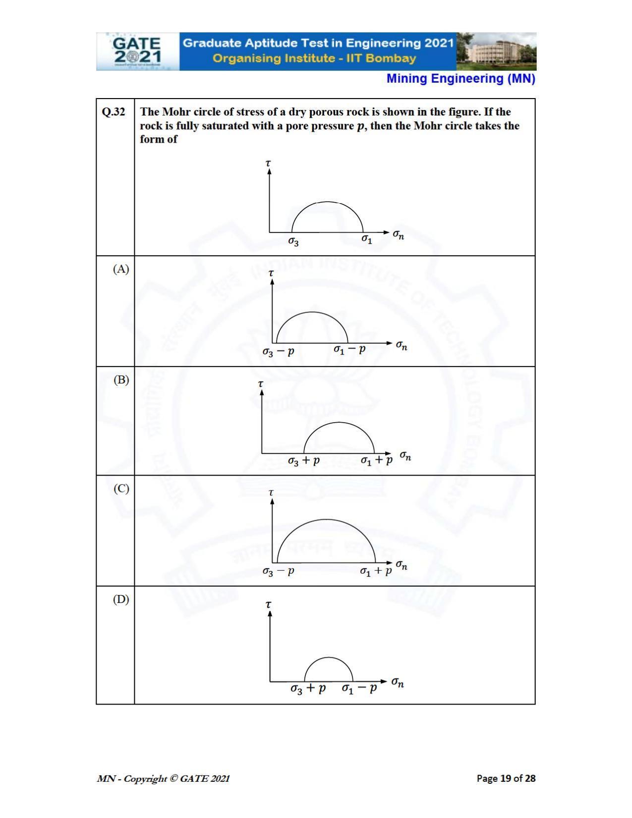 GATE 2021 Mining Engineering (MN) Question Paper - Page 19