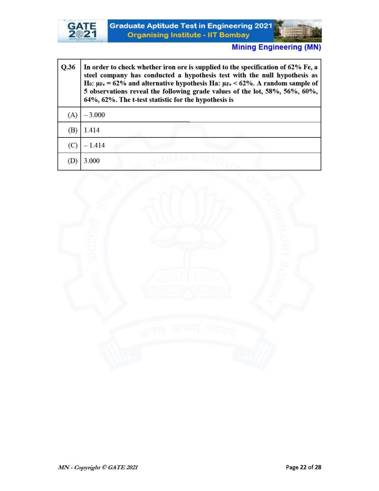 GATE 2021 Mining Engineering (MN) Question Paper - Page 22