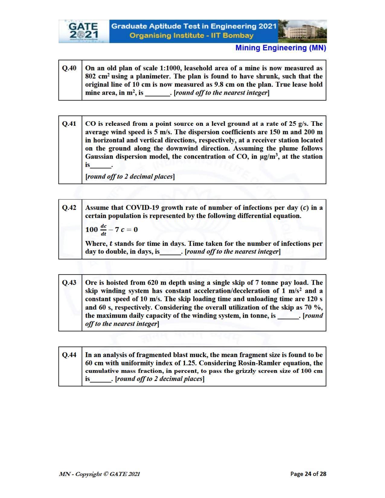 GATE 2021 Mining Engineering (MN) Question Paper - Page 24