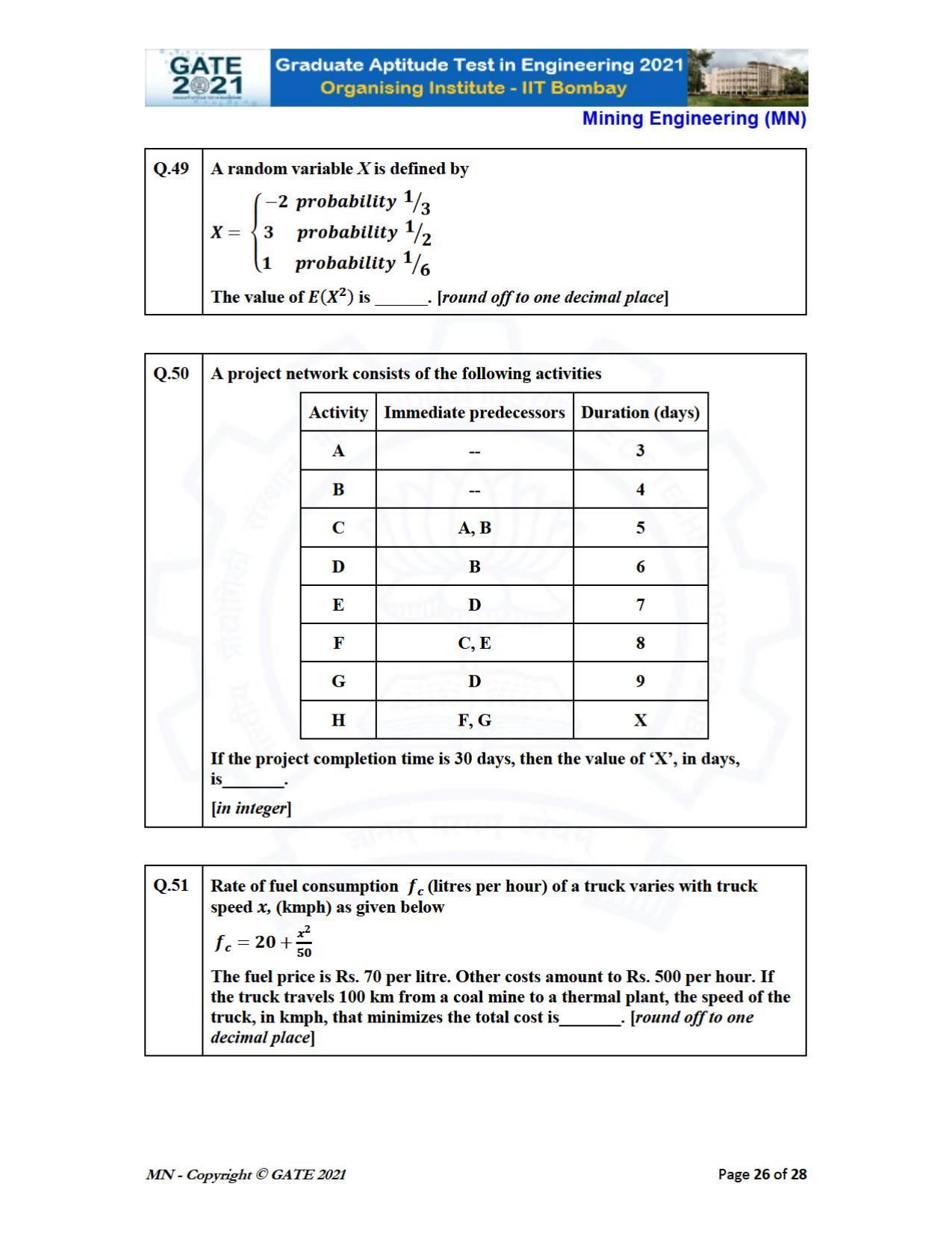 GATE 2021 Mining Engineering (MN) Question Paper - Page 26