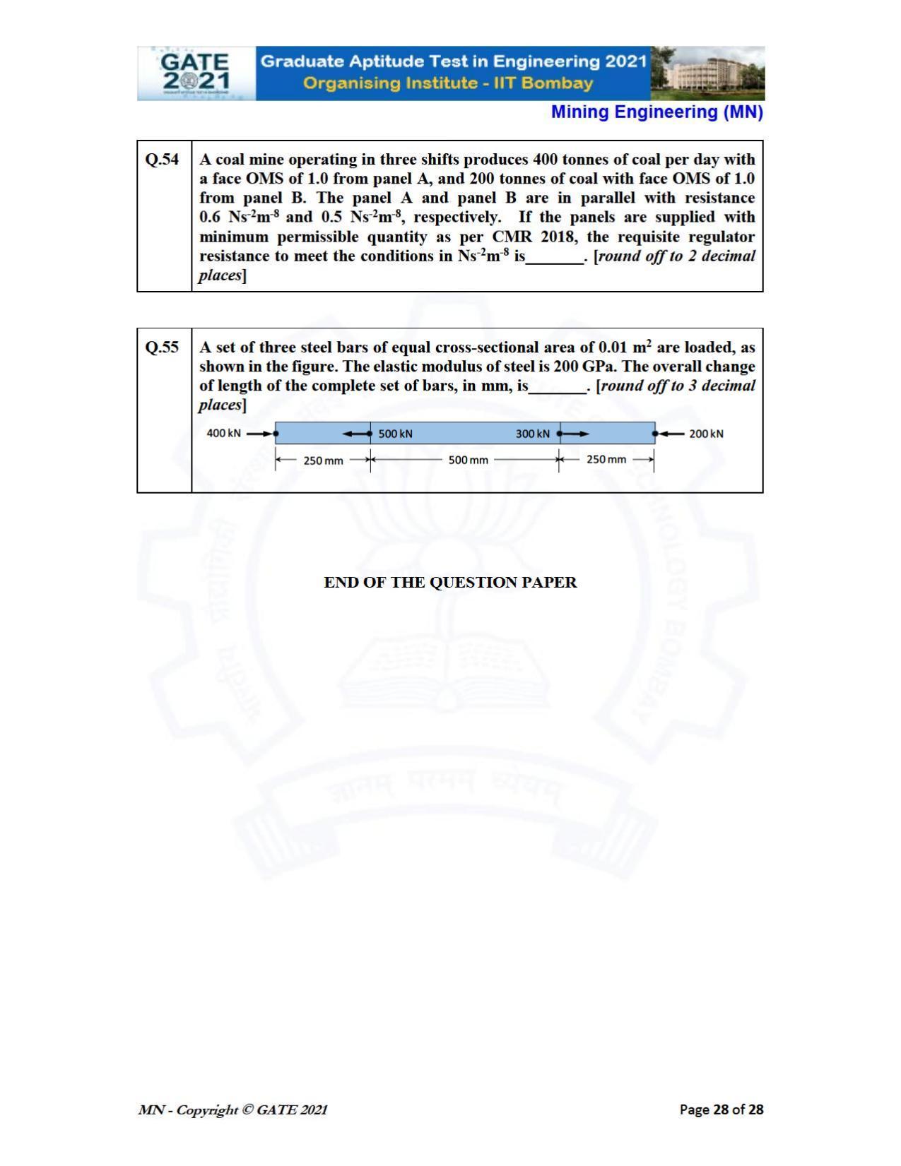 GATE 2021 Mining Engineering (MN) Question Paper - Page 28
