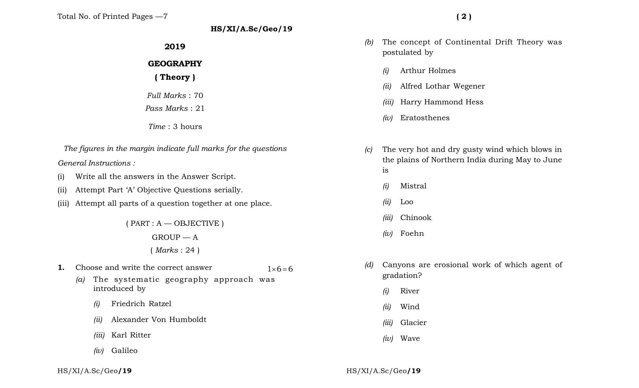 Meghalaya Board (MBOSE) Class 11 Geography 2019 Question Paper - Page 1