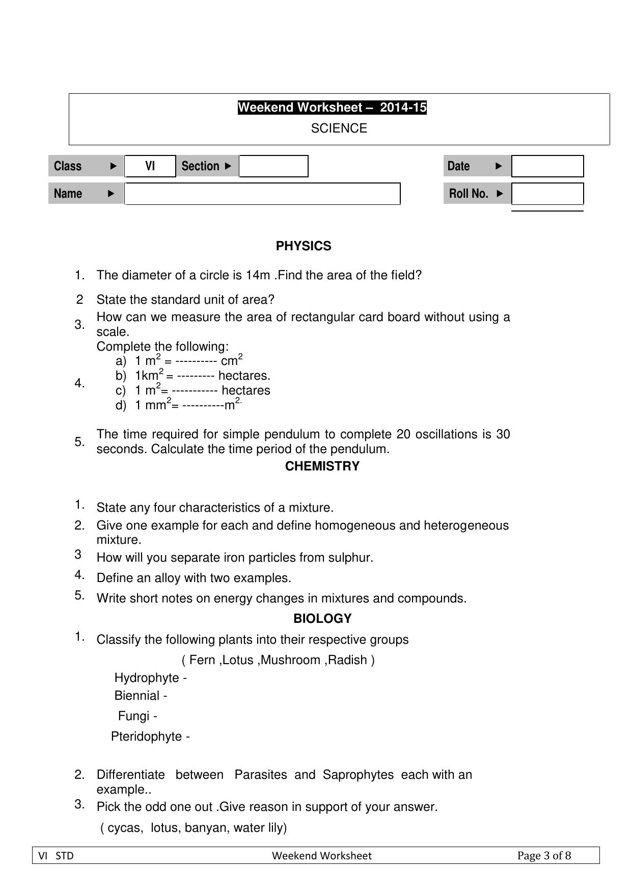 CBSE Worksheets for Class 6 Science Assignment 9 - Page 1