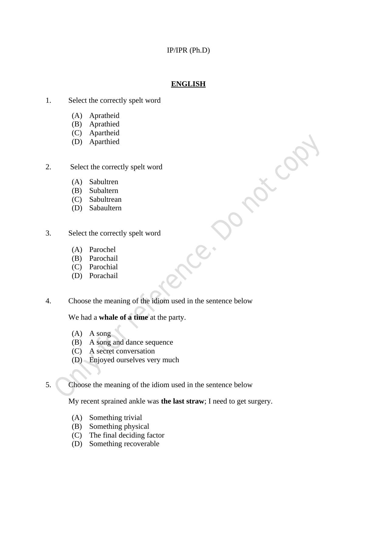 CUSAT CAT 2021 IP IPR (Ph.D) Question Paper - Page 1