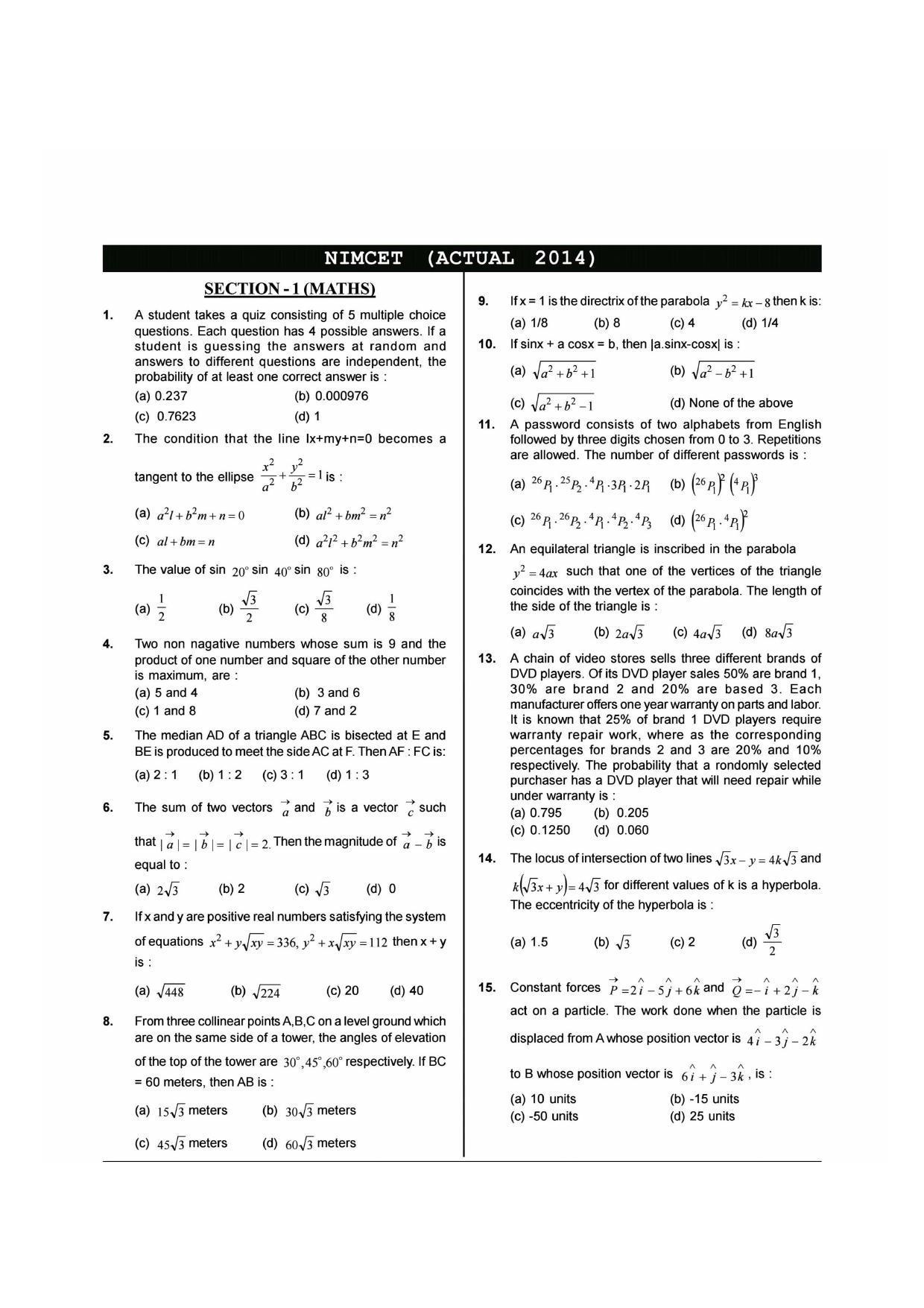 NIMCET 2014 Question Paper - Page 1