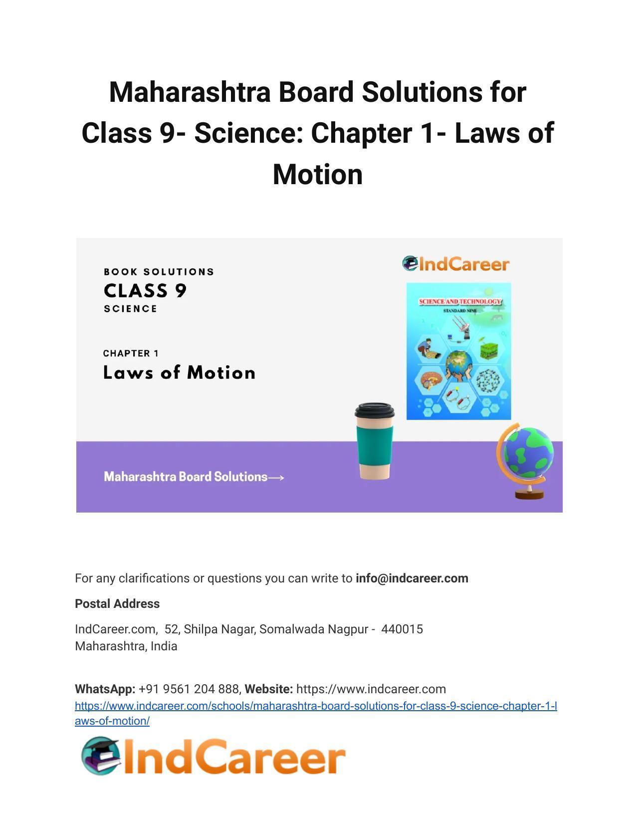 Maharashtra Board Solutions for Class 9- Science: Chapter 1- Laws of Motion - Page 1