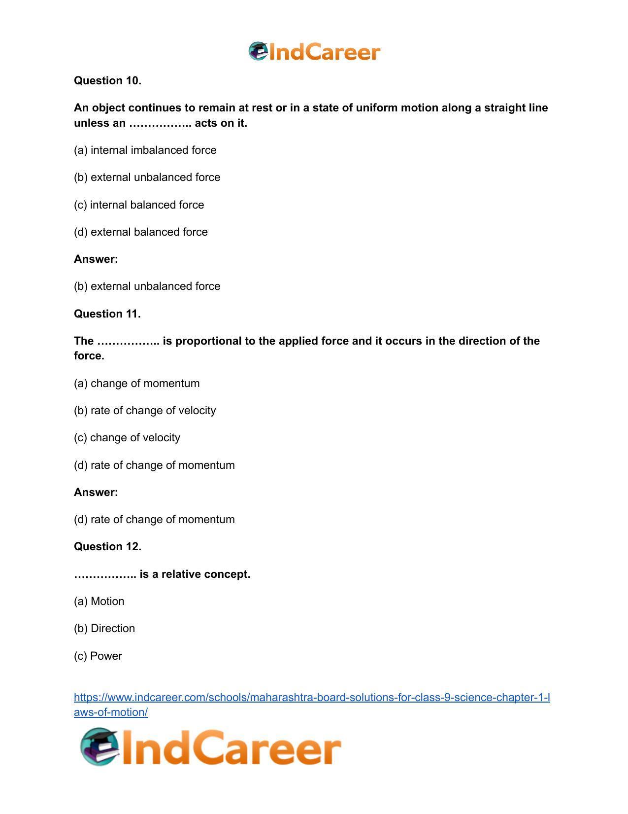 Maharashtra Board Solutions for Class 9- Science: Chapter 1- Laws of Motion - Page 14