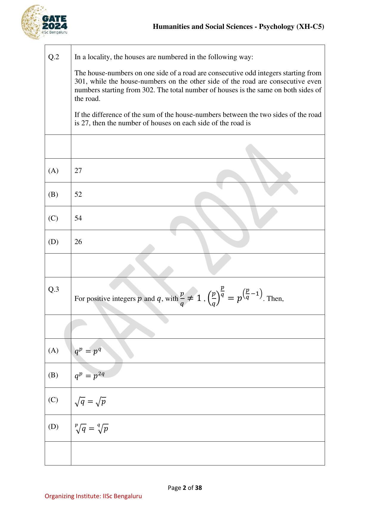 GATE 2024 Humanities & Social Sciences - Psychology (XH-C5) Question Paper - Page 2