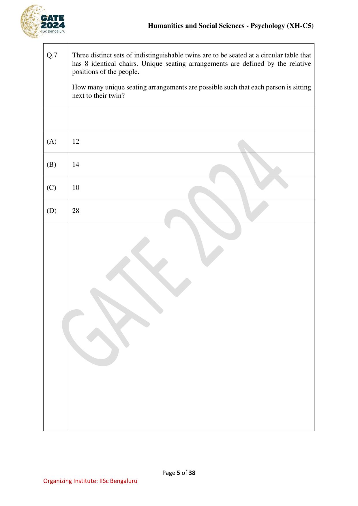 GATE 2024 Humanities & Social Sciences - Psychology (XH-C5) Question Paper - Page 5
