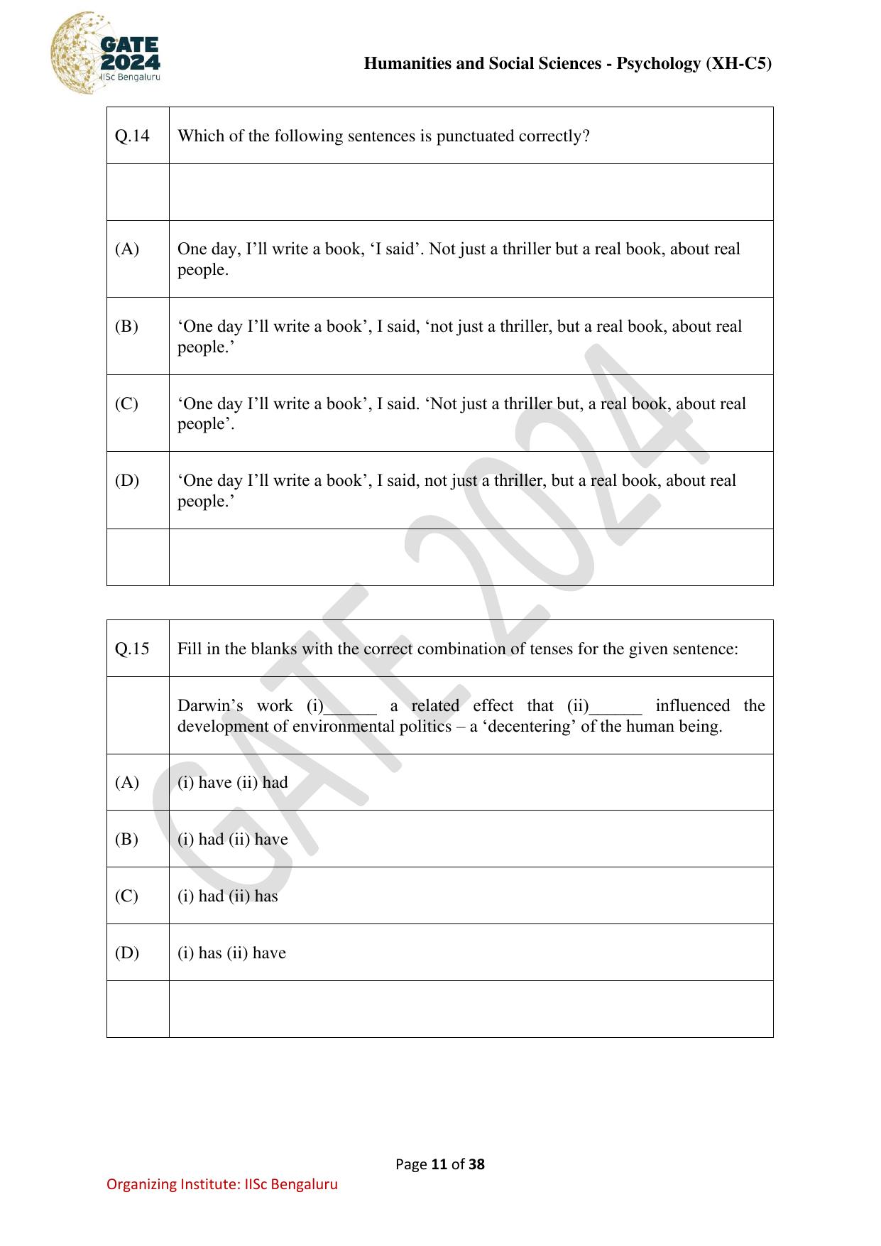 GATE 2024 Humanities & Social Sciences - Psychology (XH-C5) Question Paper - Page 11
