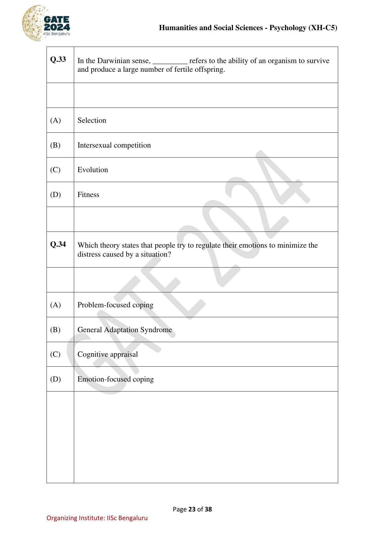 GATE 2024 Humanities & Social Sciences - Psychology (XH-C5) Question Paper - Page 23