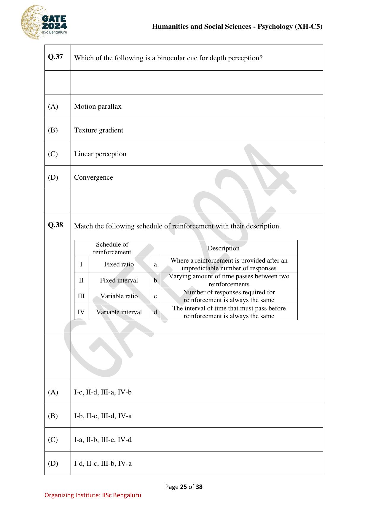 GATE 2024 Humanities & Social Sciences - Psychology (XH-C5) Question Paper - Page 25