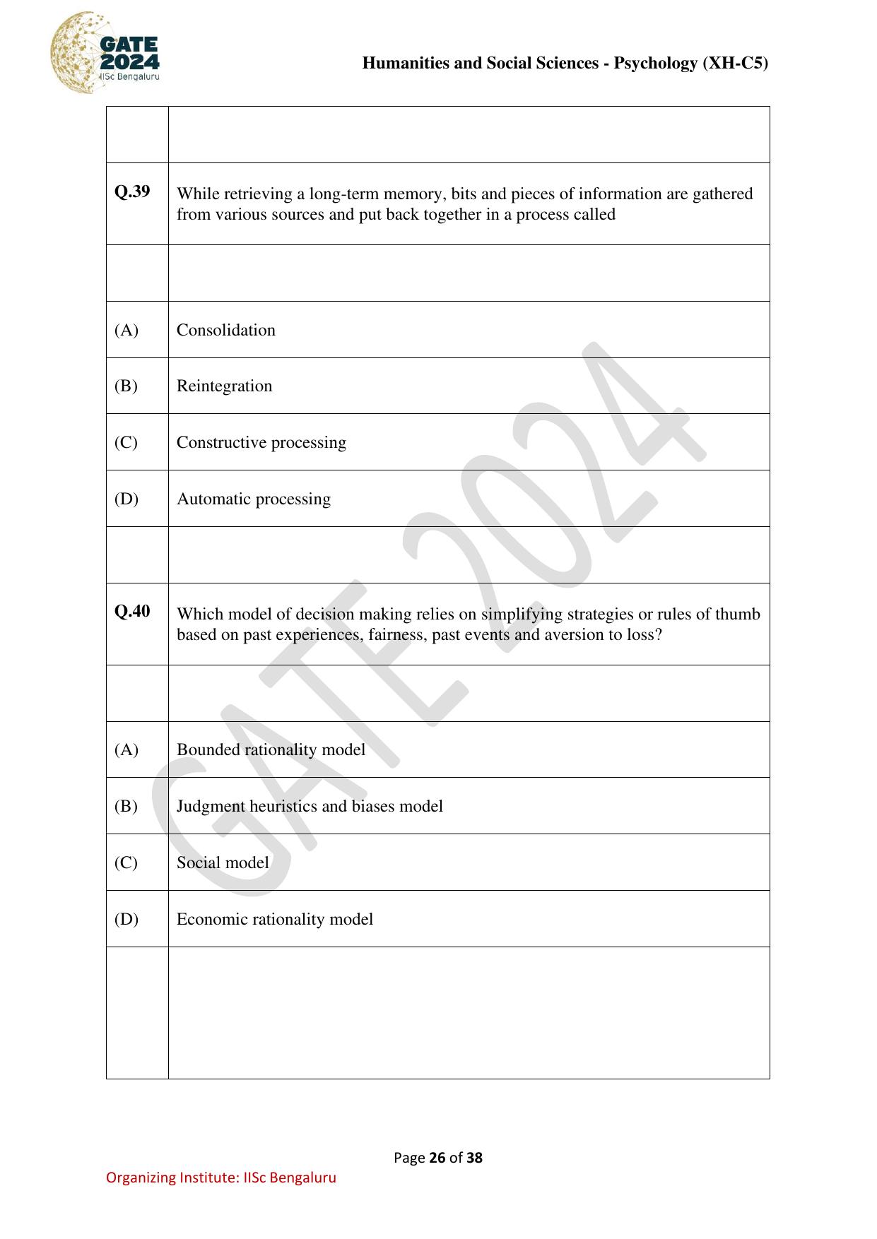 GATE 2024 Humanities & Social Sciences - Psychology (XH-C5) Question Paper - Page 26