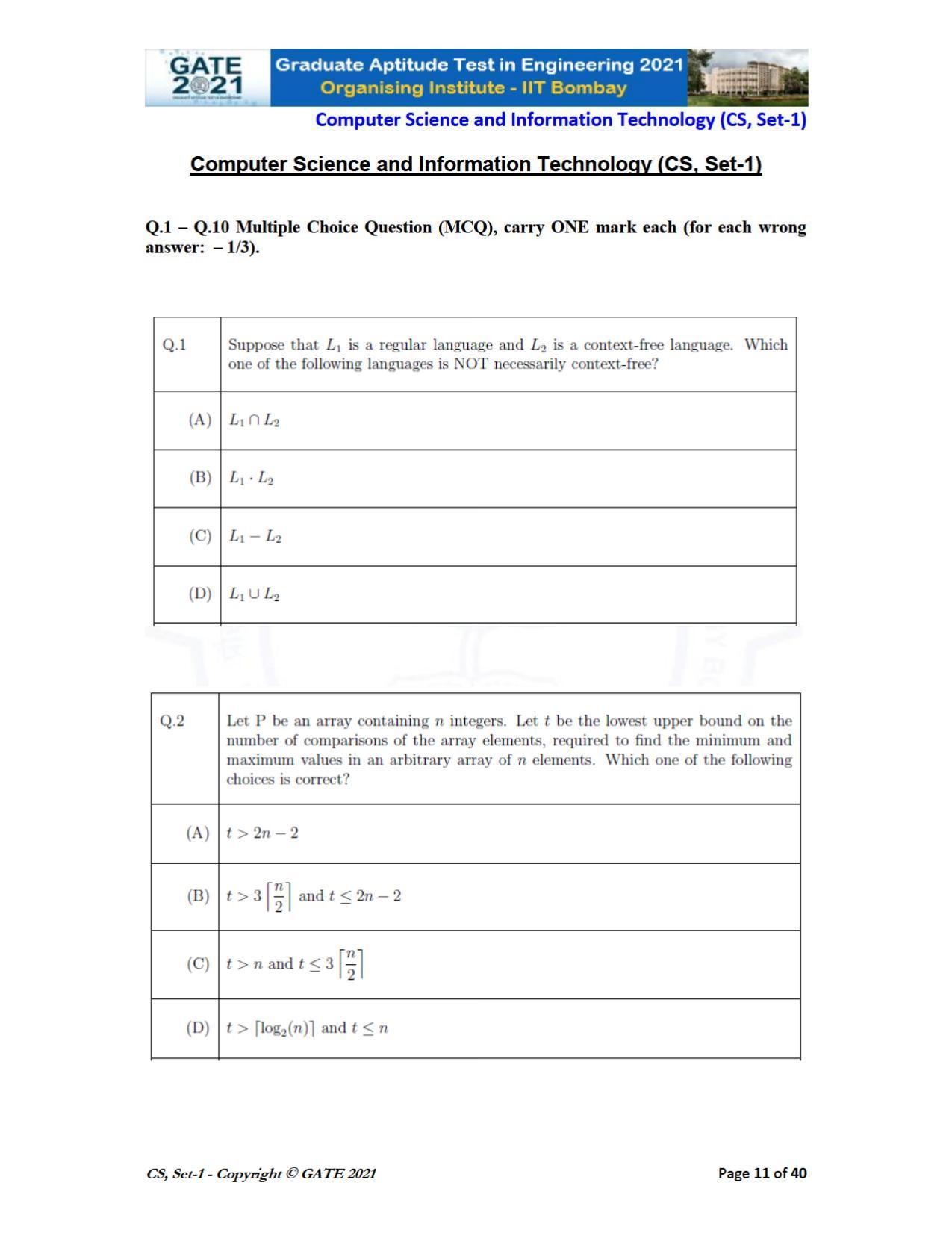 GATE 2021 Computer Science & Information Technology (CS) Question Paper - Page 12
