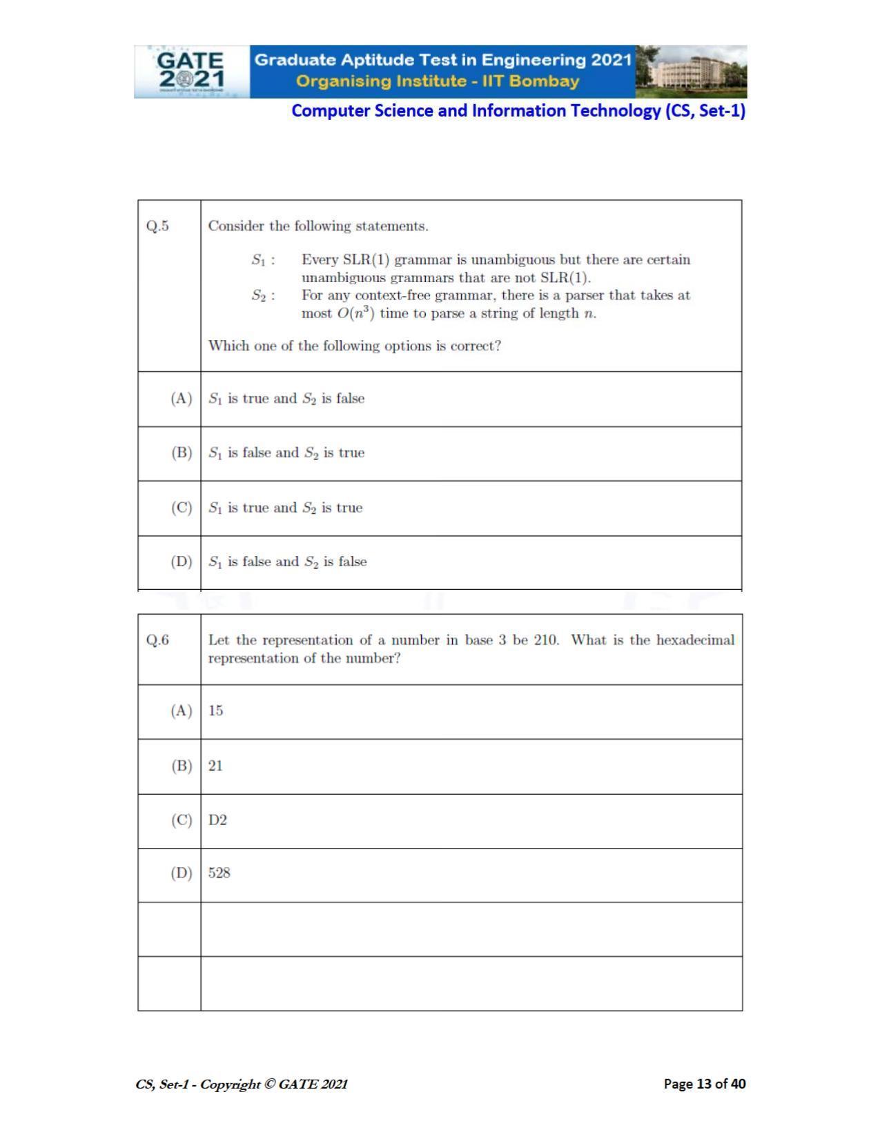 GATE 2021 Computer Science & Information Technology (CS) Question Paper - Page 14