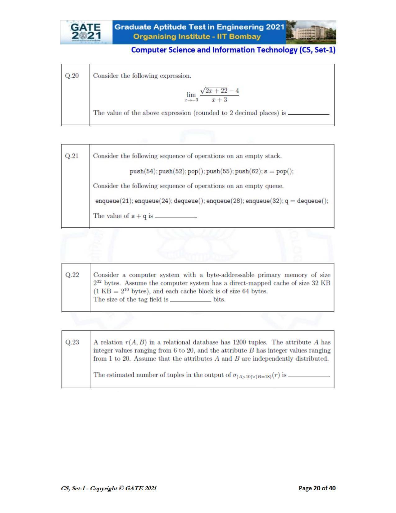 GATE 2021 Computer Science & Information Technology (CS) Question Paper - Page 21