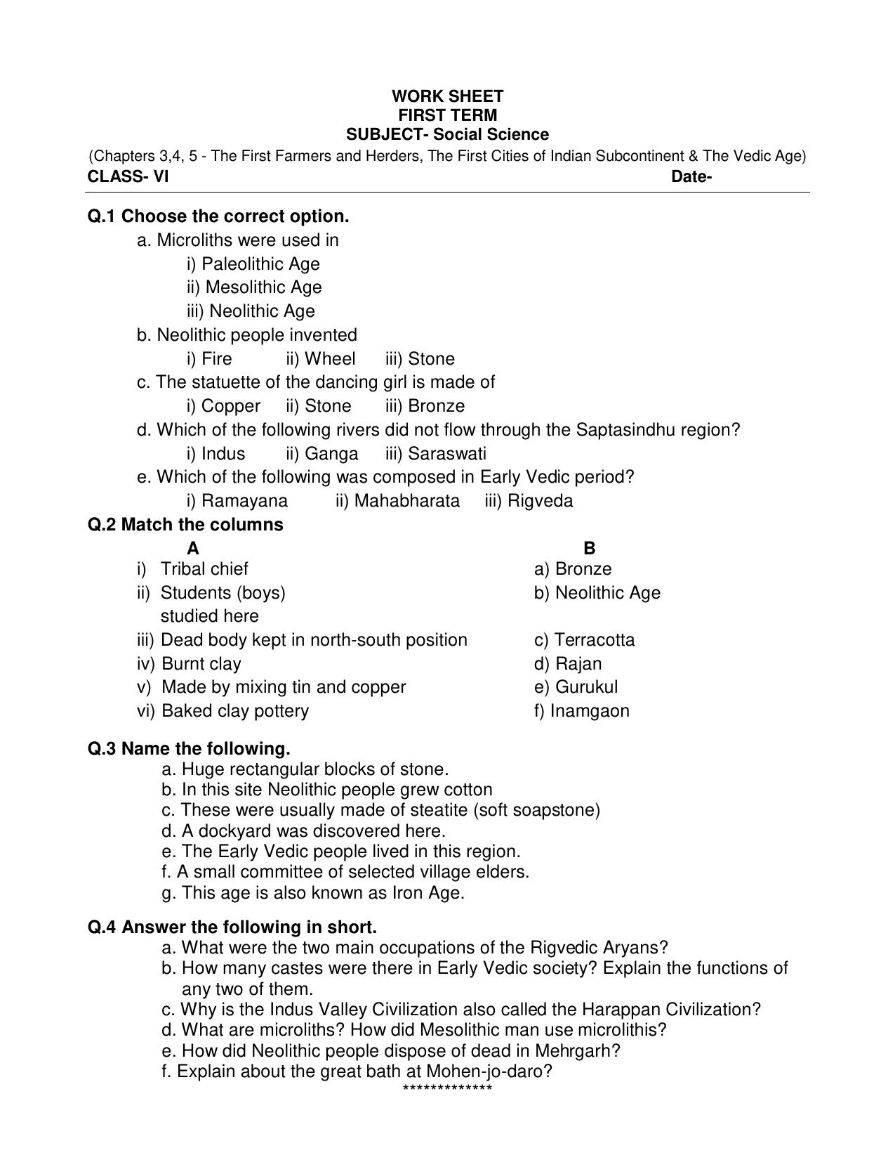 CBSE Worksheets for Class 6 Social Science The First Farmers and Herders Assignment 2 - Page 1