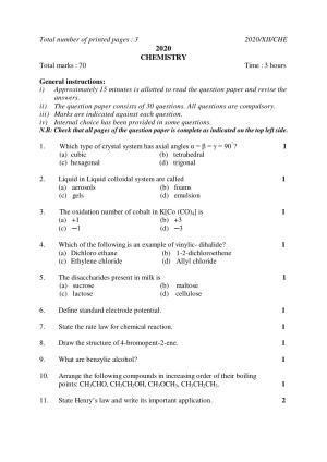 Nagaland Board Class 12 CHEMISTRY 2020 Question Papers