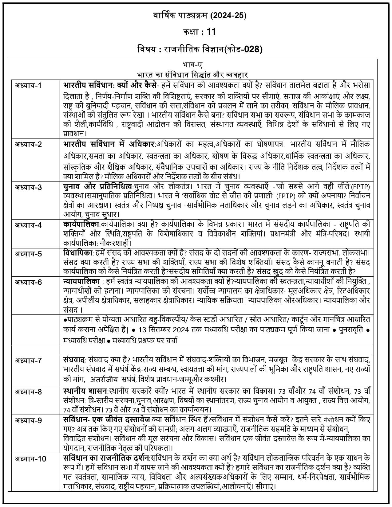 Edudel Class 11 Political Science (Hindi Medium) Syllabus 2025 - Page 1