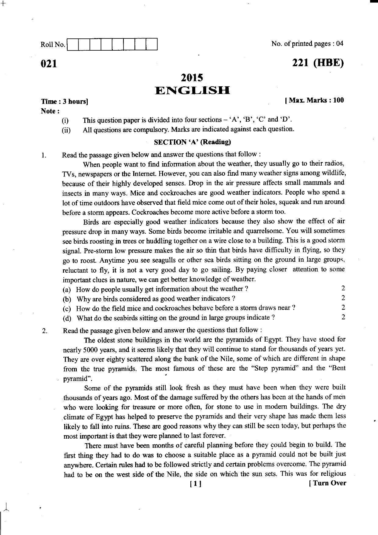 UBSE Class 10 English 2015 Question Paper - Page 1