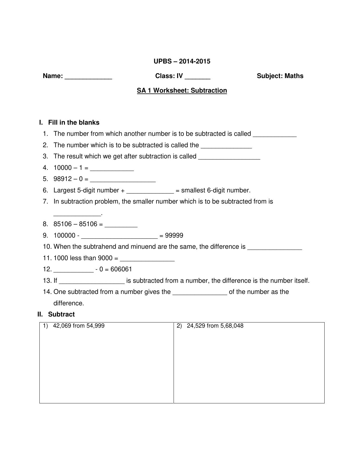 Worksheet for Class 4 Maths Assignment 96 Subtraction - Page 1